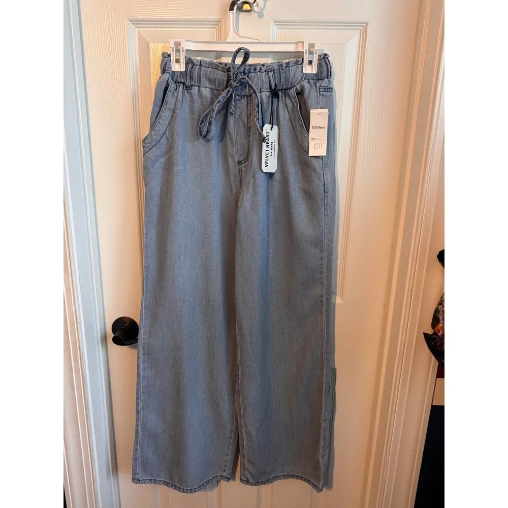 Velvet Heart Pants Denim Paperbag Waist Wide Leg Pants Blue Size Small NWT